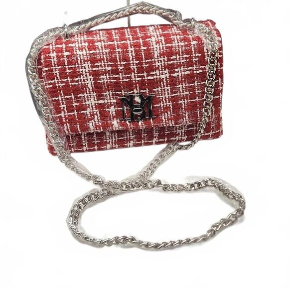Baffled Mischka Boucle Red Checkered Tweed Shoulder Bag New - Picture 5 of 8